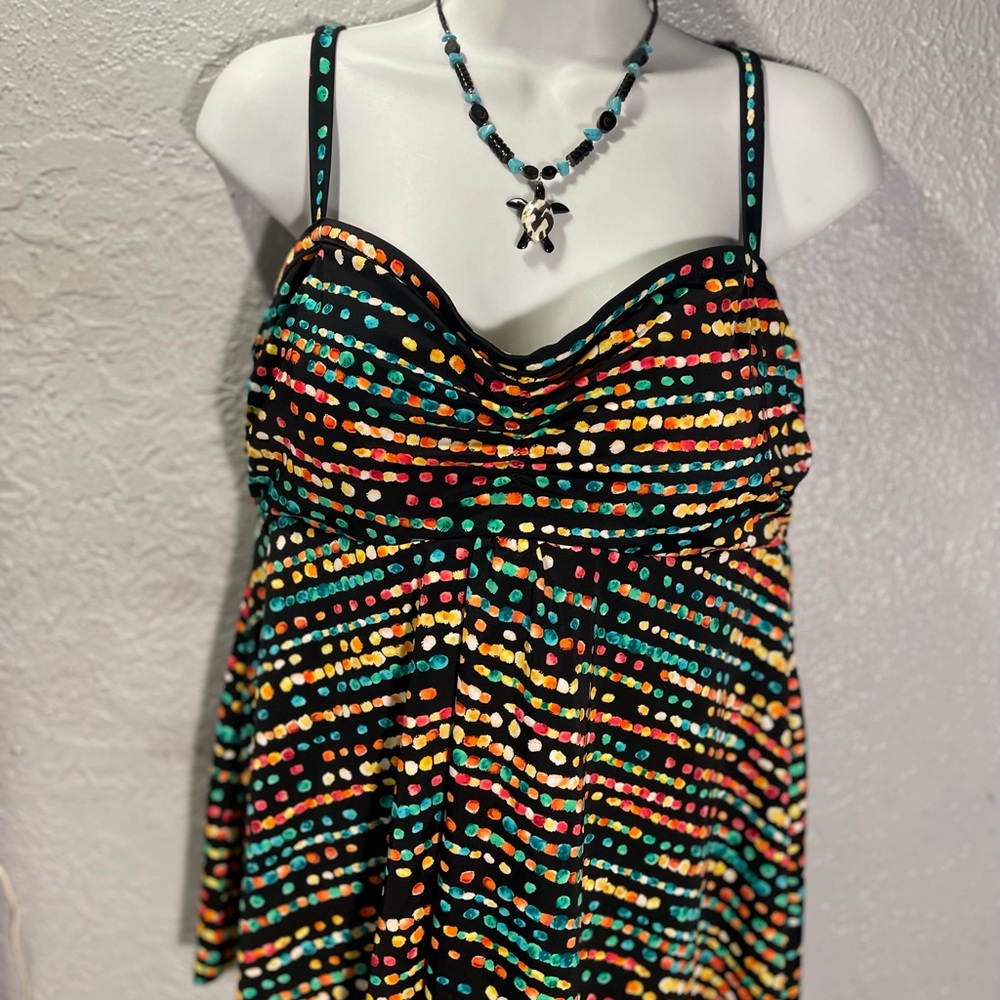 Women’s Black Multi-Color Dot Print Tankini Top